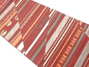 横段に梅・鳥模様織出し袋帯